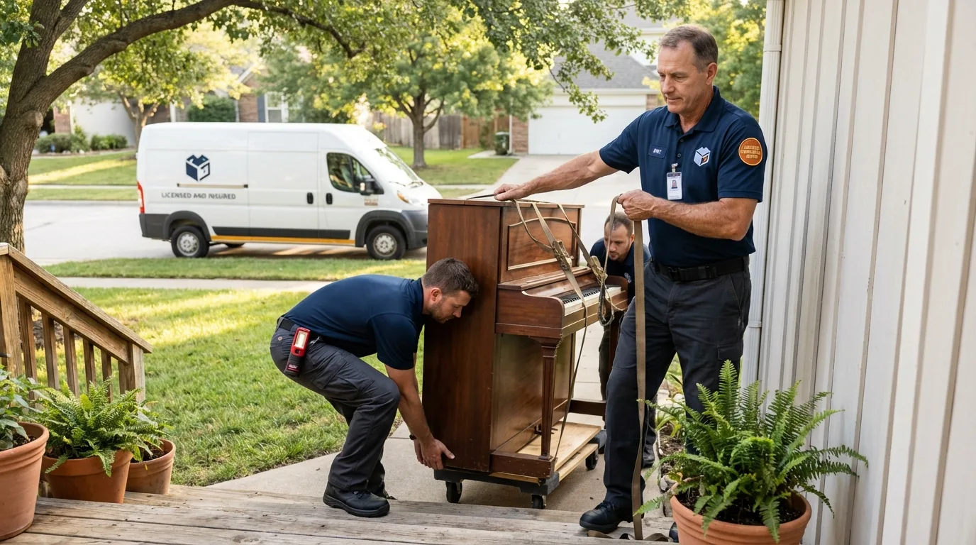 Licensed piano movers securing grand piano in Wantagh, NY