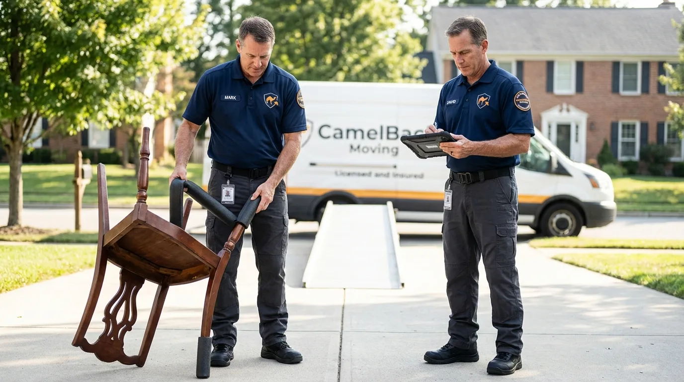 Movers inspecting furniture for damage prevention before loading in Wantagh, NY