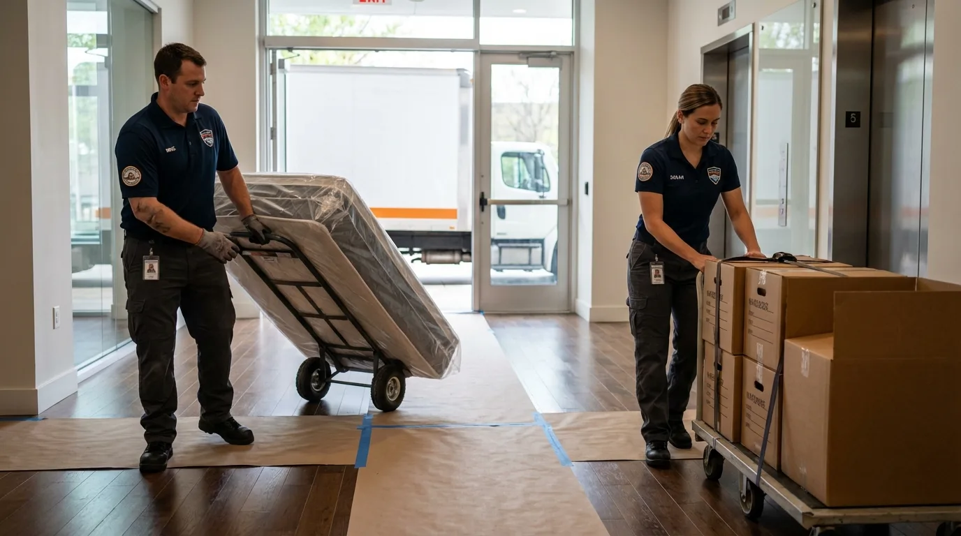 Professional apartment movers loading elevator in Wantagh, NY