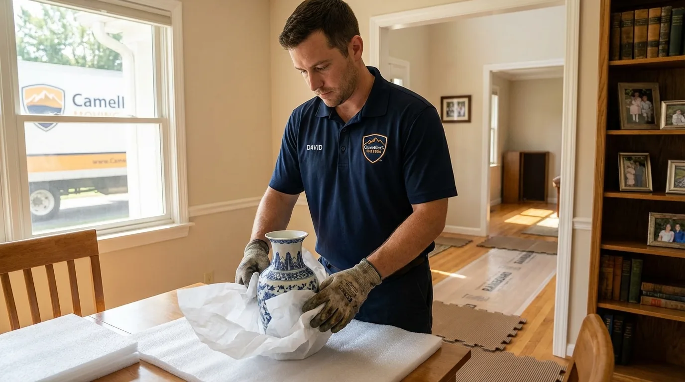 Professional crew carefully wrapping antique vase for senior downsizing move in Wantagh, NY